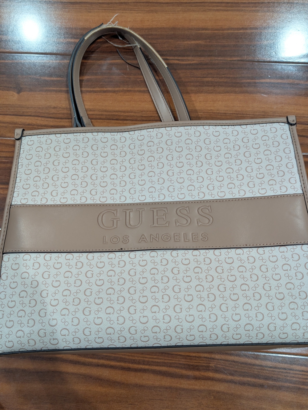 GUESS Los Angeles Logo Tote in Beige and Cream